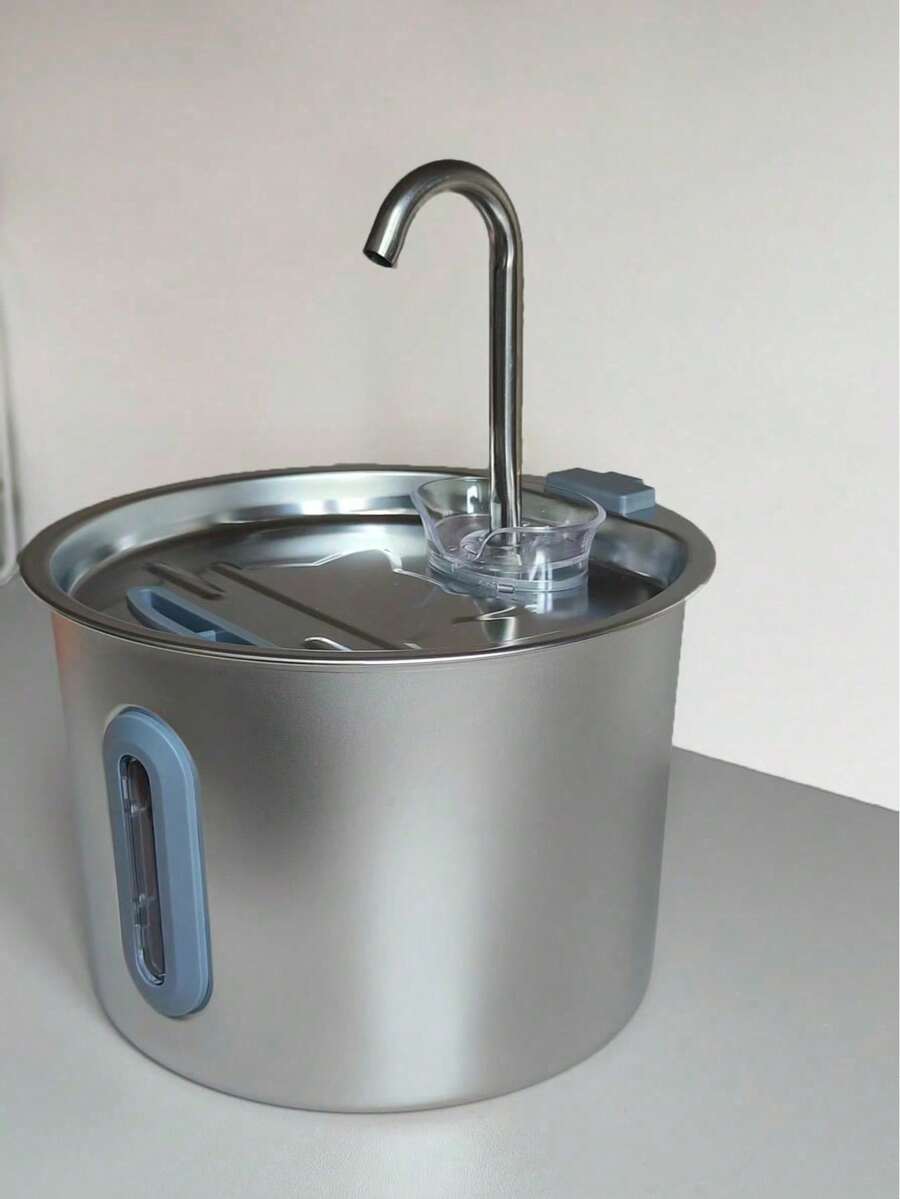 Automatic 304 stainless steel pet water fountain dispenser with quiet pump, visible water level window, and USB power connection for cats and dogs.