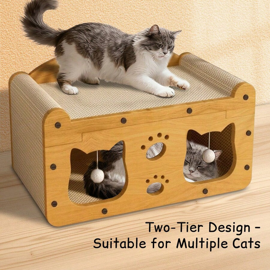 Double-level cat scratching board house with cartoon pattern measuring 56x30x30cm made of paper and linen
