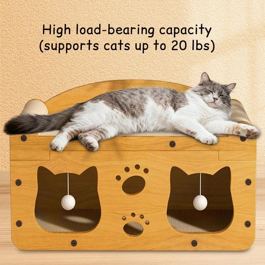 Double-level cat scratching board house with cartoon pattern measuring 56x30x30cm made of paper and linen