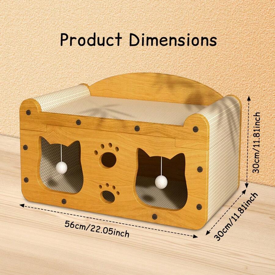 Double-level cat scratching board house with cartoon pattern measuring 56x30x30cm made of paper and linen