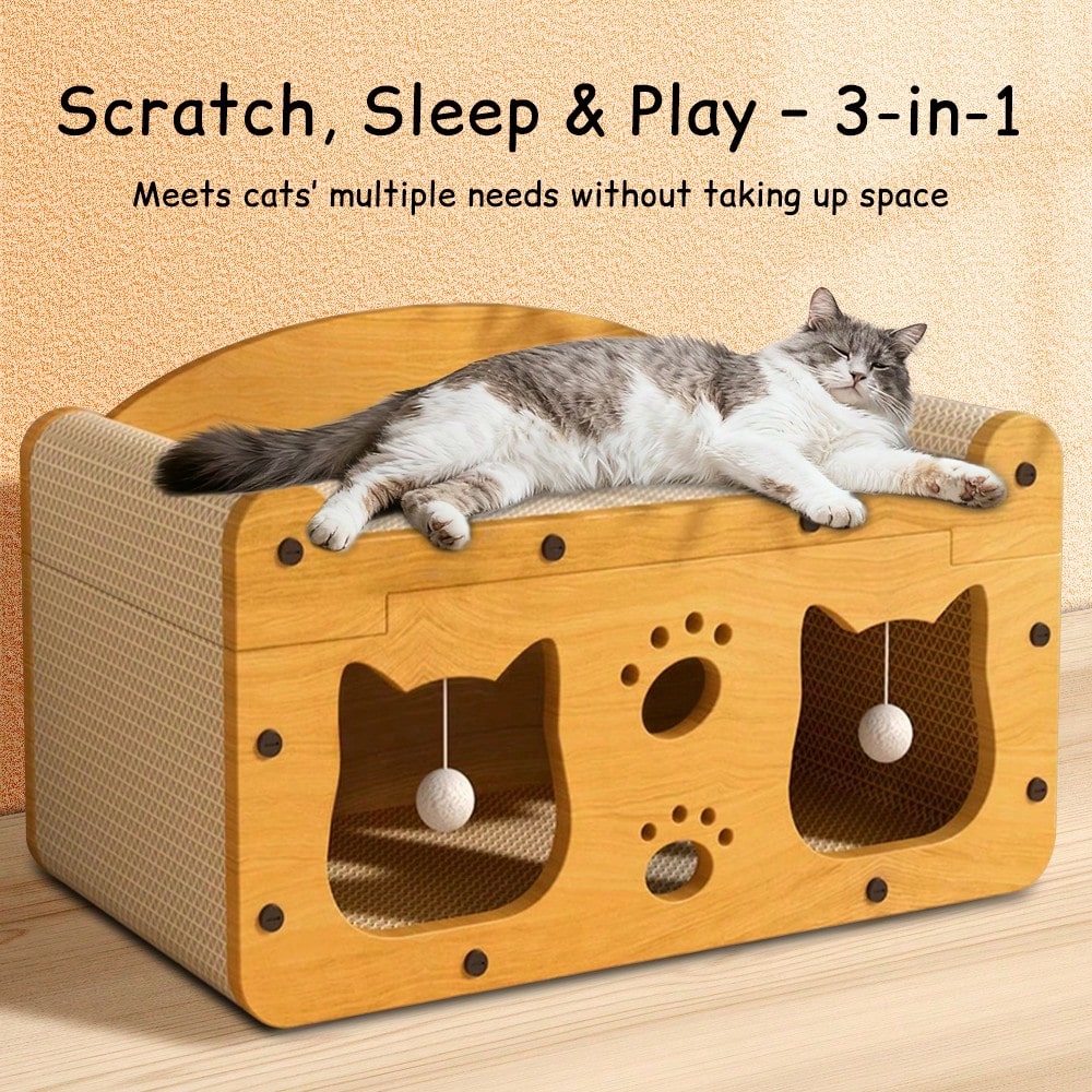 Double-level cat scratching board house with cartoon pattern measuring 56x30x30cm made of paper and linen