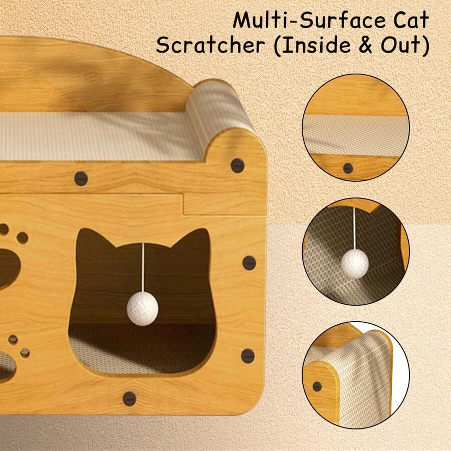 Double-level cat scratching board house with cartoon pattern measuring 56x30x30cm made of paper and linen