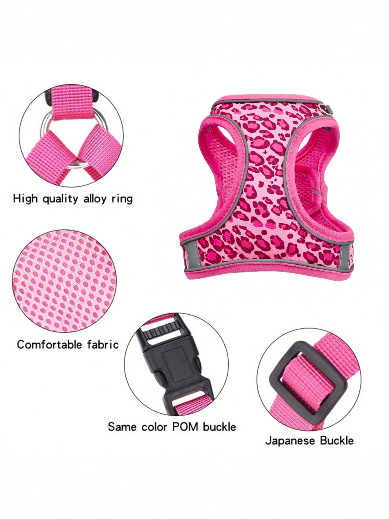 Leopard print cat and dog harness leash set made of breathable polyester mesh with adjustable fit and reflective stripes for small to medium pets