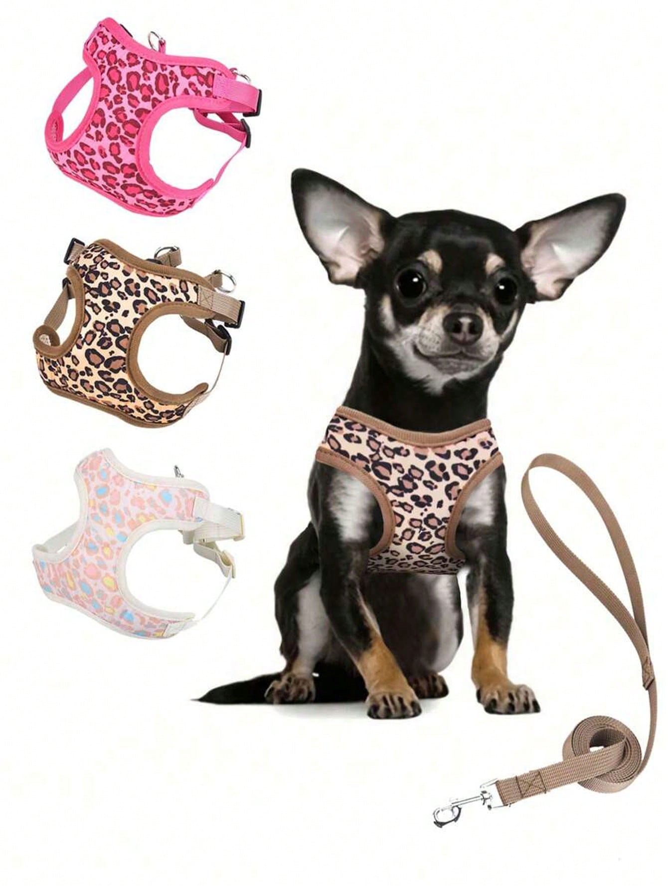 Leopard print cat and dog harness leash set made of breathable polyester mesh with adjustable fit and reflective stripes for small to medium pets