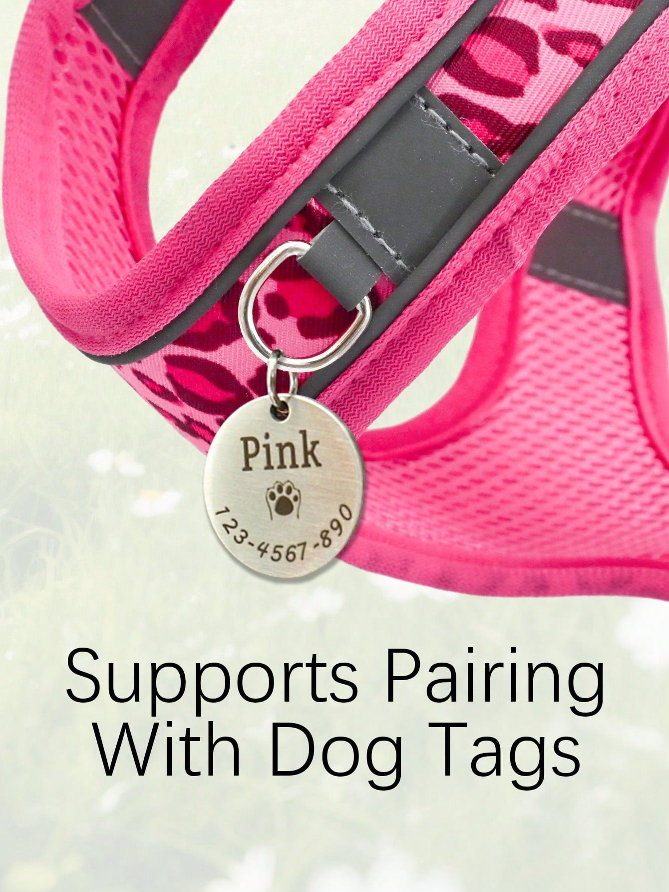 Leopard print cat and dog harness leash set made of breathable polyester mesh with adjustable fit and reflective stripes for small to medium pets