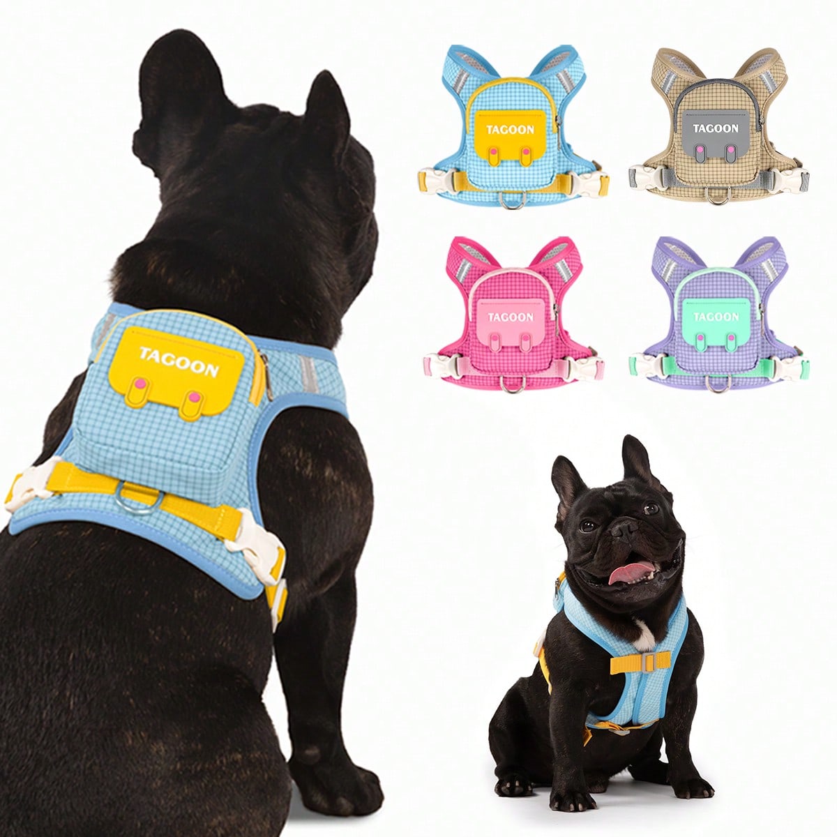 Multicolor polyester dog harness with leash, integrated backpack, adjustable buckle, sponge handle, and reflective edge for small and medium dogs