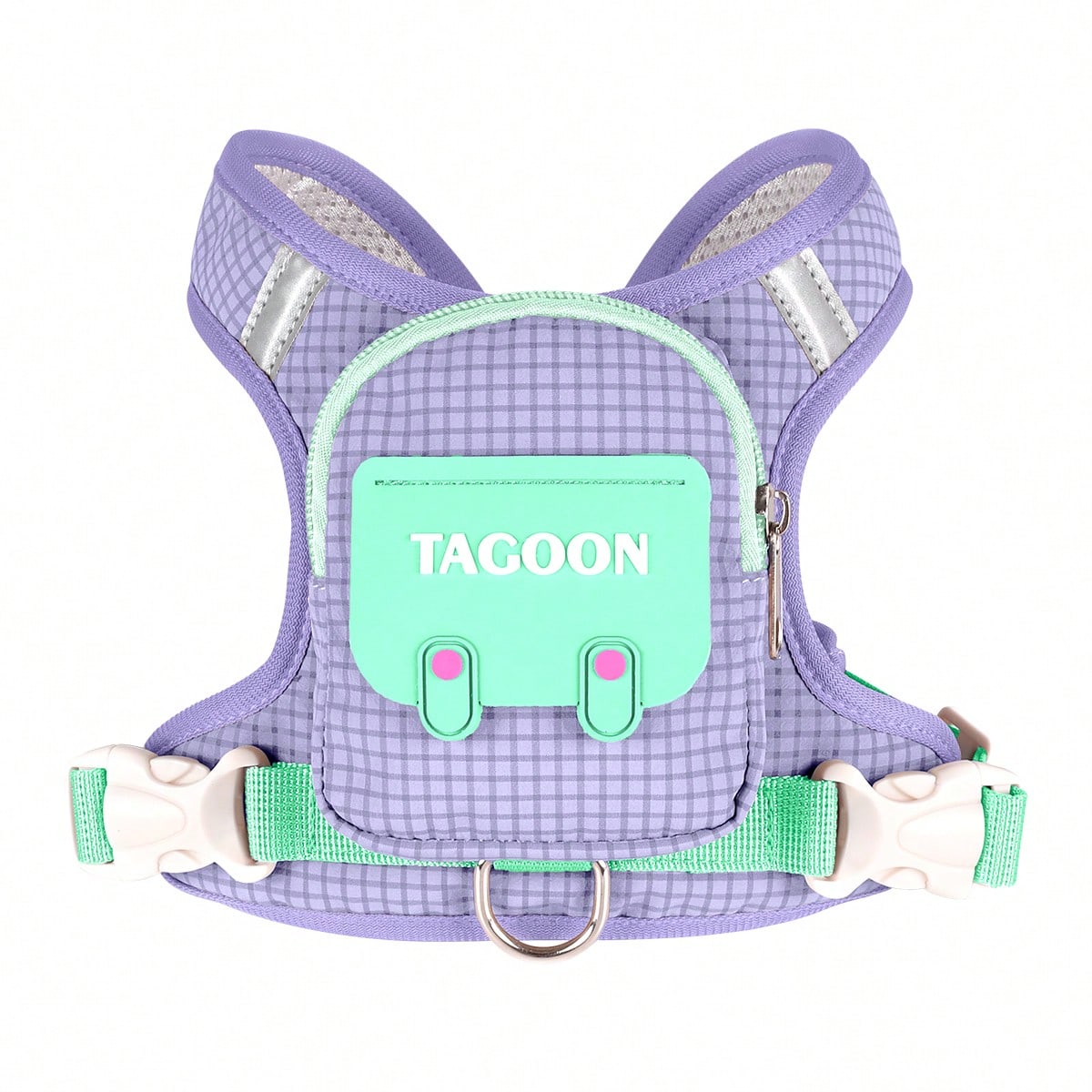 Multicolor polyester dog harness with leash, integrated backpack, adjustable buckle, sponge handle, and reflective edge for small and medium dogs