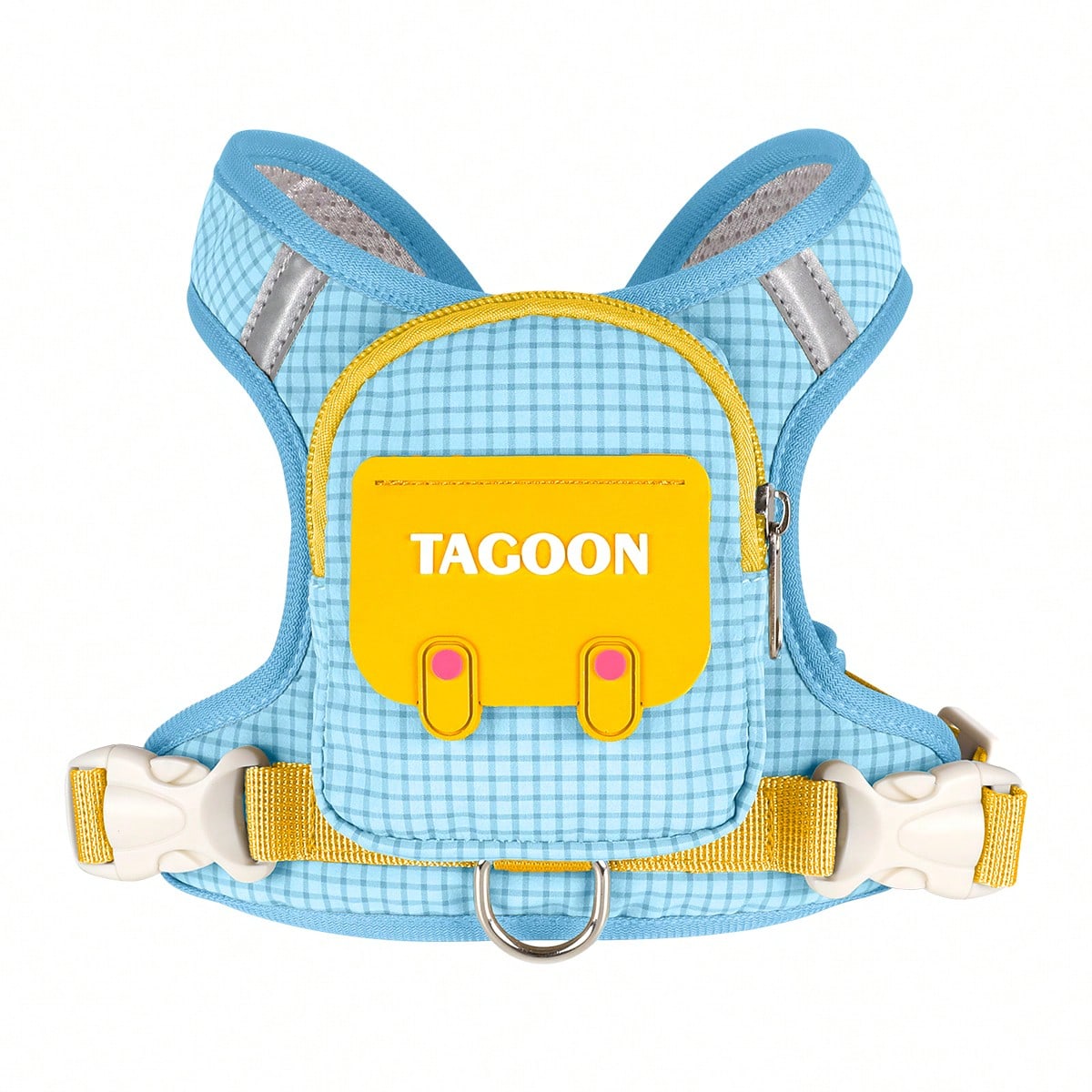 Multicolor polyester dog harness with leash, integrated backpack, adjustable buckle, sponge handle, and reflective edge for small and medium dogs