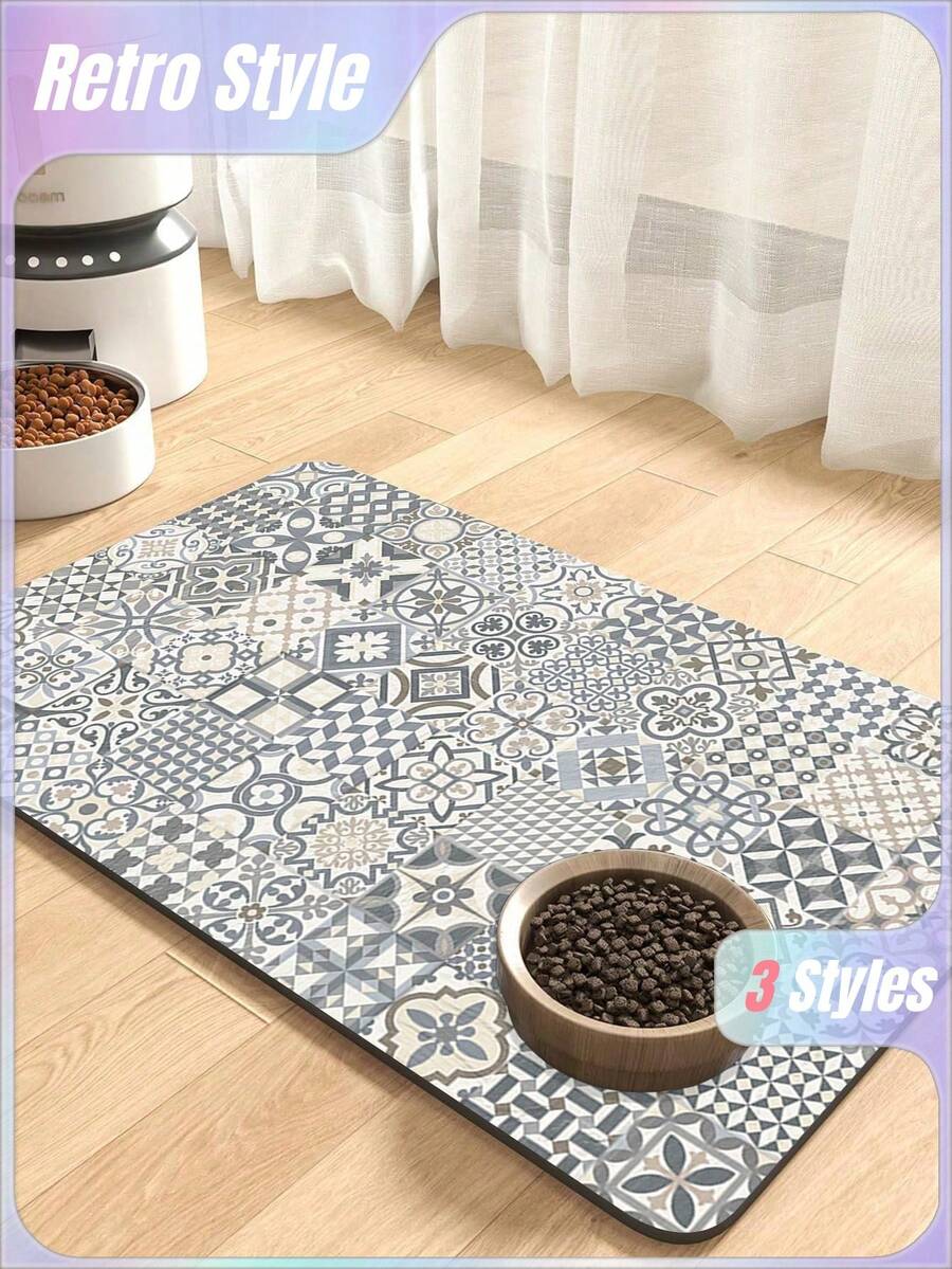 Black and white cartoon diatomite pet feeding mat placed under dog and cat food and water bowls to catch spills.