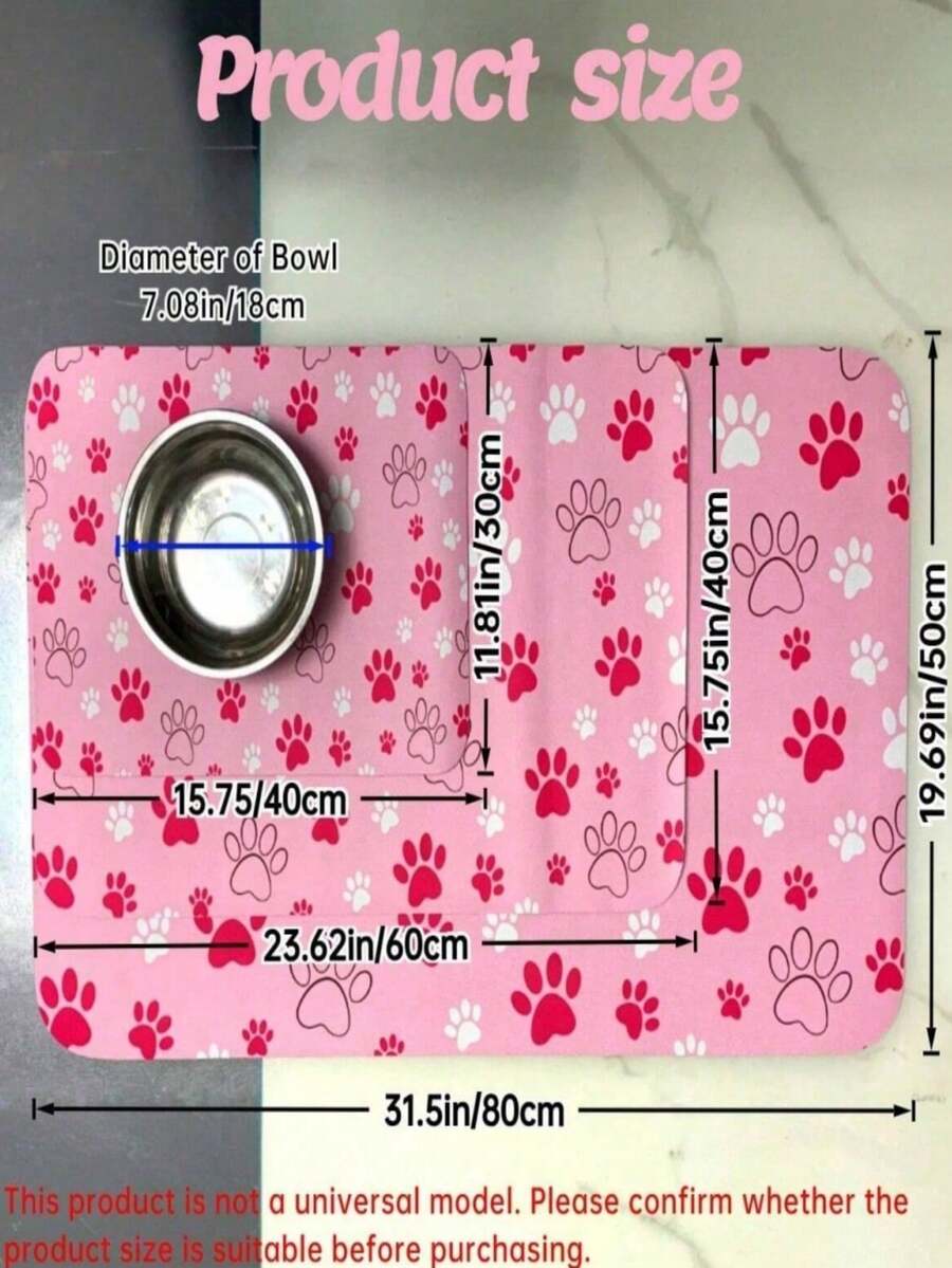 Black and white cartoon diatomite pet feeding mat placed under dog and cat food and water bowls to catch spills.