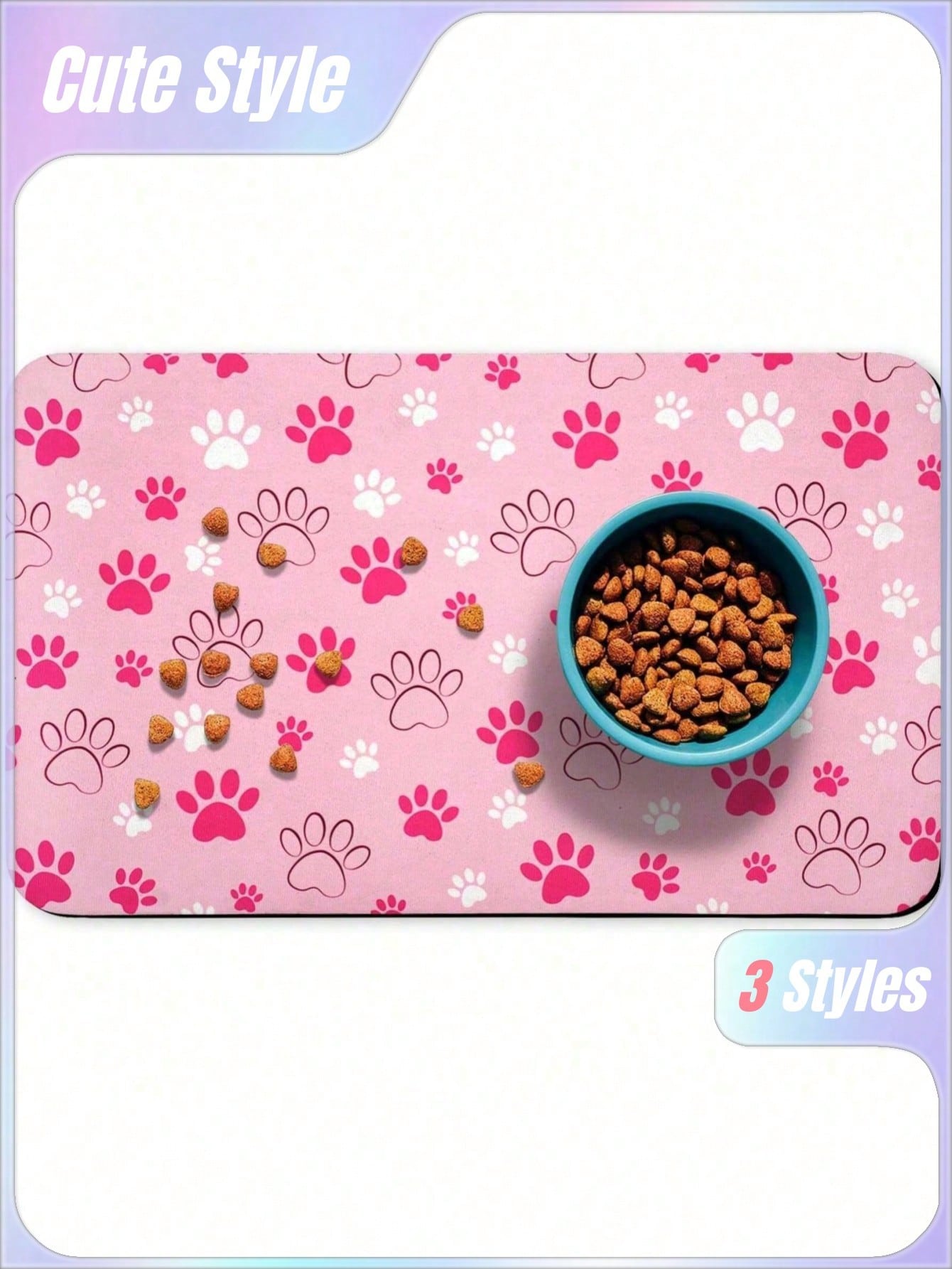 Black and white cartoon diatomite pet feeding mat placed under dog and cat food and water bowls to catch spills.