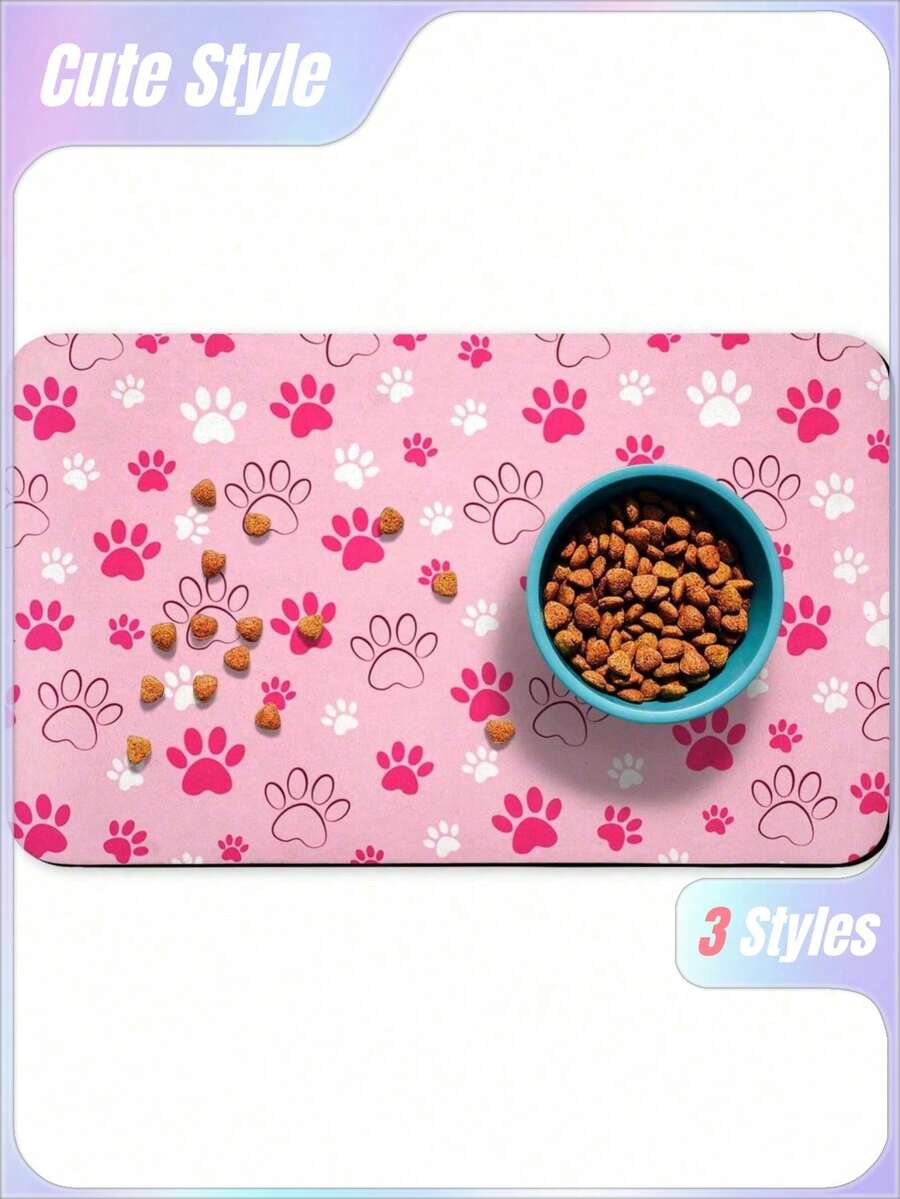 Black and white cartoon diatomite pet feeding mat placed under dog and cat food and water bowls to catch spills.