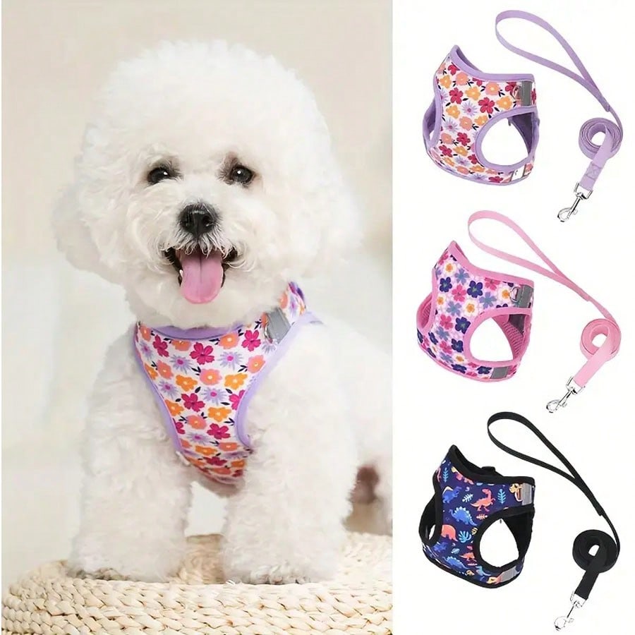 Multicolor polyester pet chest strap harness with geometric, graphic, and plant patterns for cats and dogs