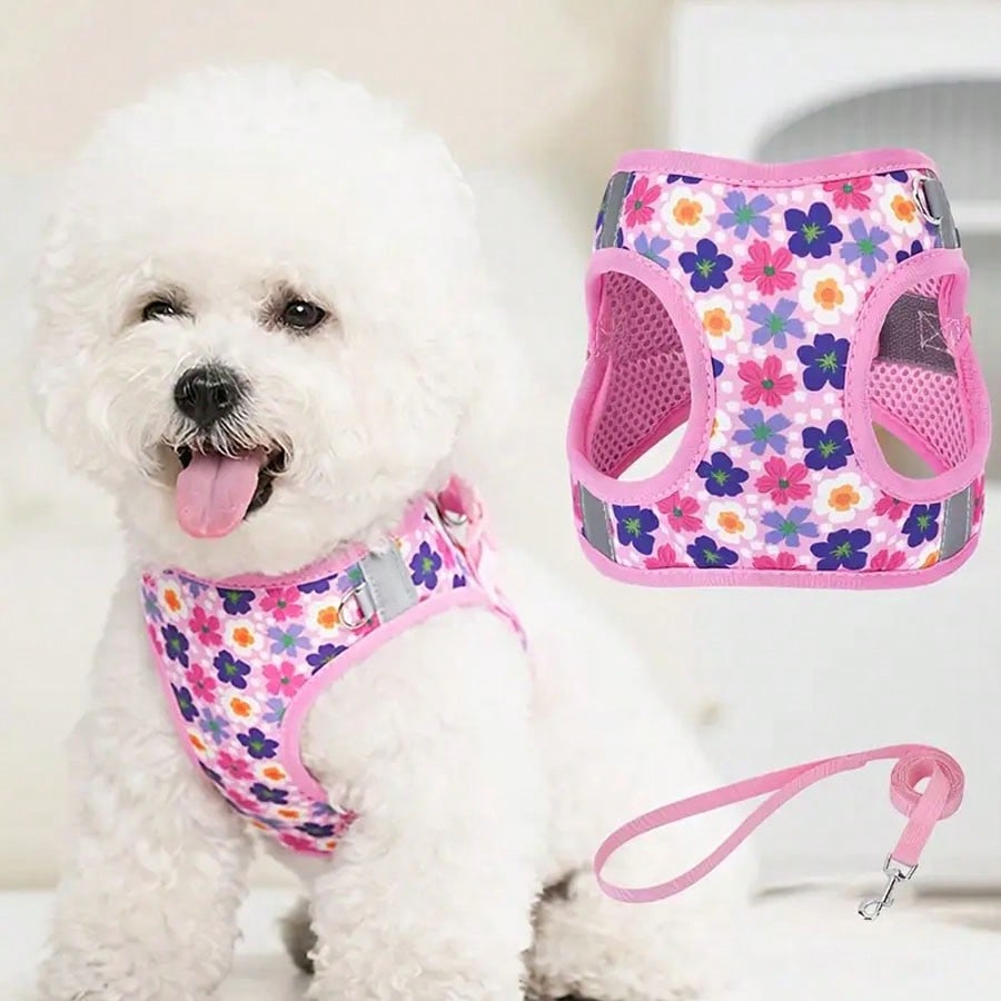 Multicolor polyester pet chest strap harness with geometric, graphic, and plant patterns for cats and dogs