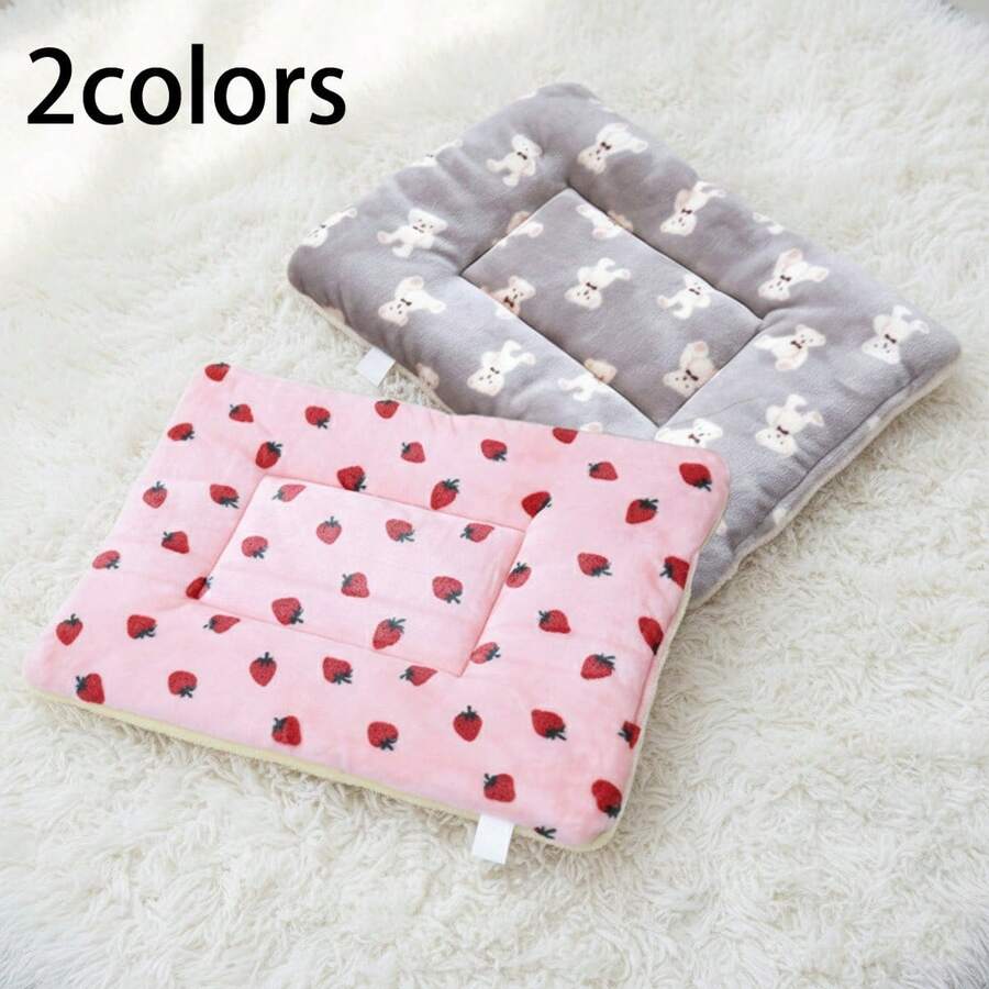 Multicolor soft strawberry print pet sleeping mat for cats and dogs made from 100% polyester with plush filling.
