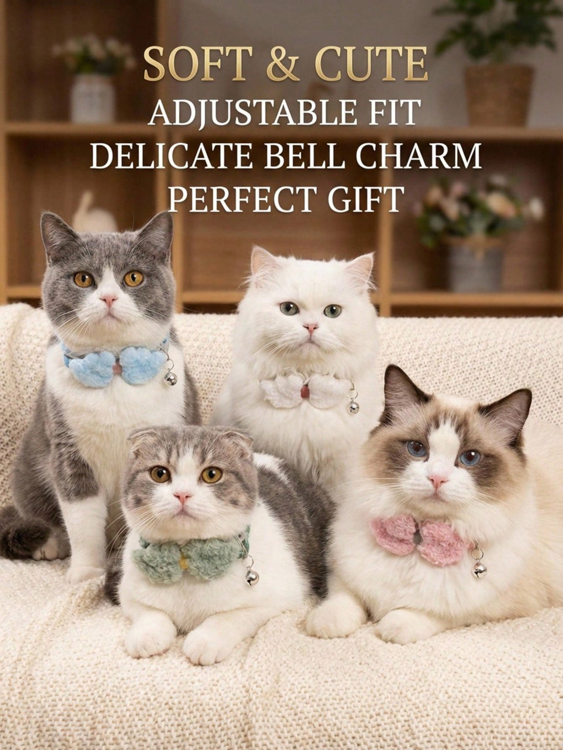 Multicolor adjustable soft plush pet collar with cute bell pendant for cats and small to medium dogs