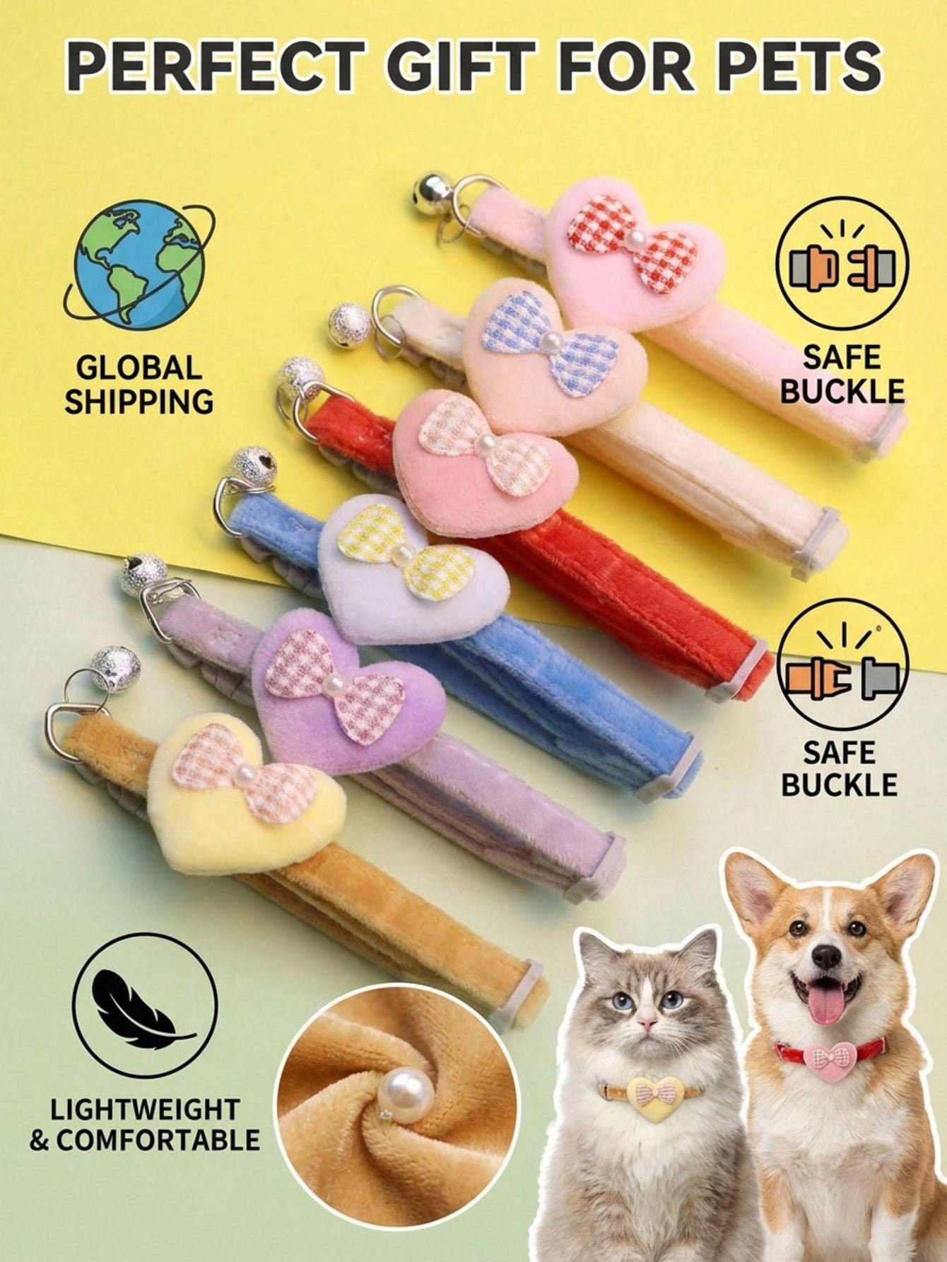 Multicolor adjustable polyester pet collar with cartoon heart-shaped bow decoration and bell pendant for small and medium cats and dogs.