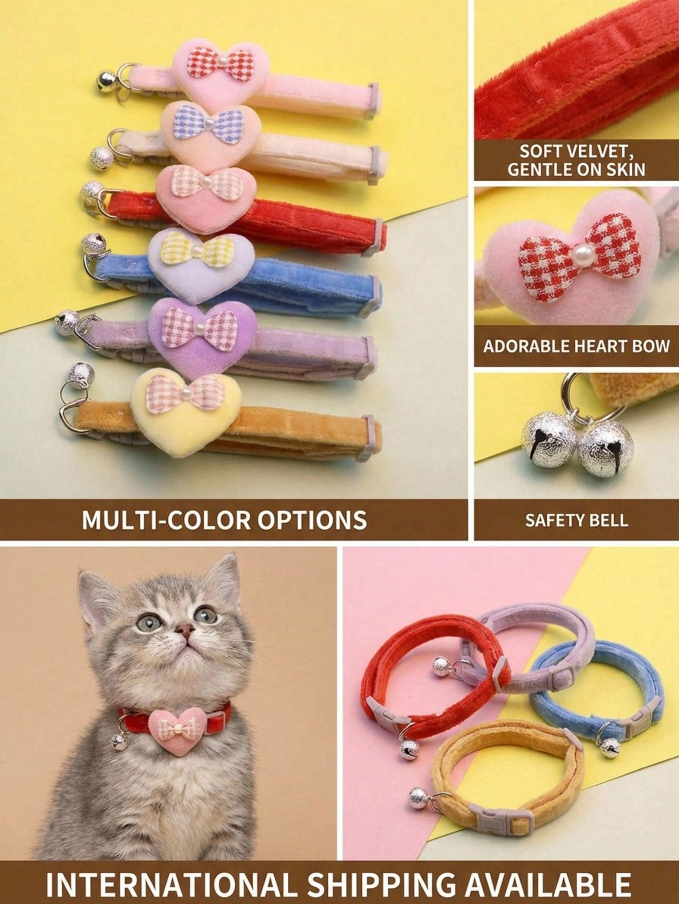 Multicolor adjustable polyester pet collar with cartoon heart-shaped bow decoration and bell pendant for small and medium cats and dogs.