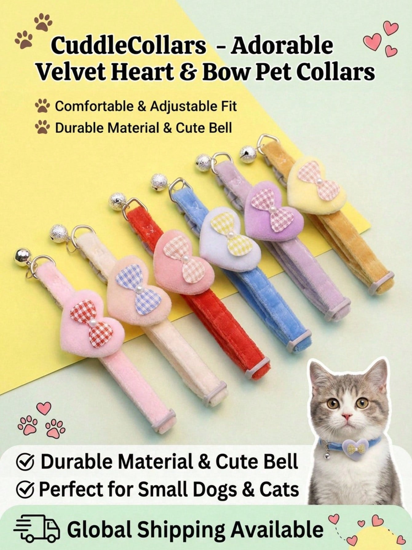 Multicolor adjustable polyester pet collar with cartoon heart-shaped bow decoration and bell pendant for small and medium cats and dogs.