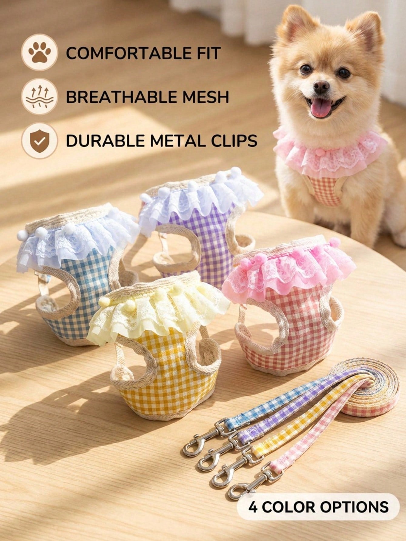 Multicolor breathable mesh pet harness and leash set for dogs and cats with checkered lace design, mesh pocket, reflective details, and safety lock buckle