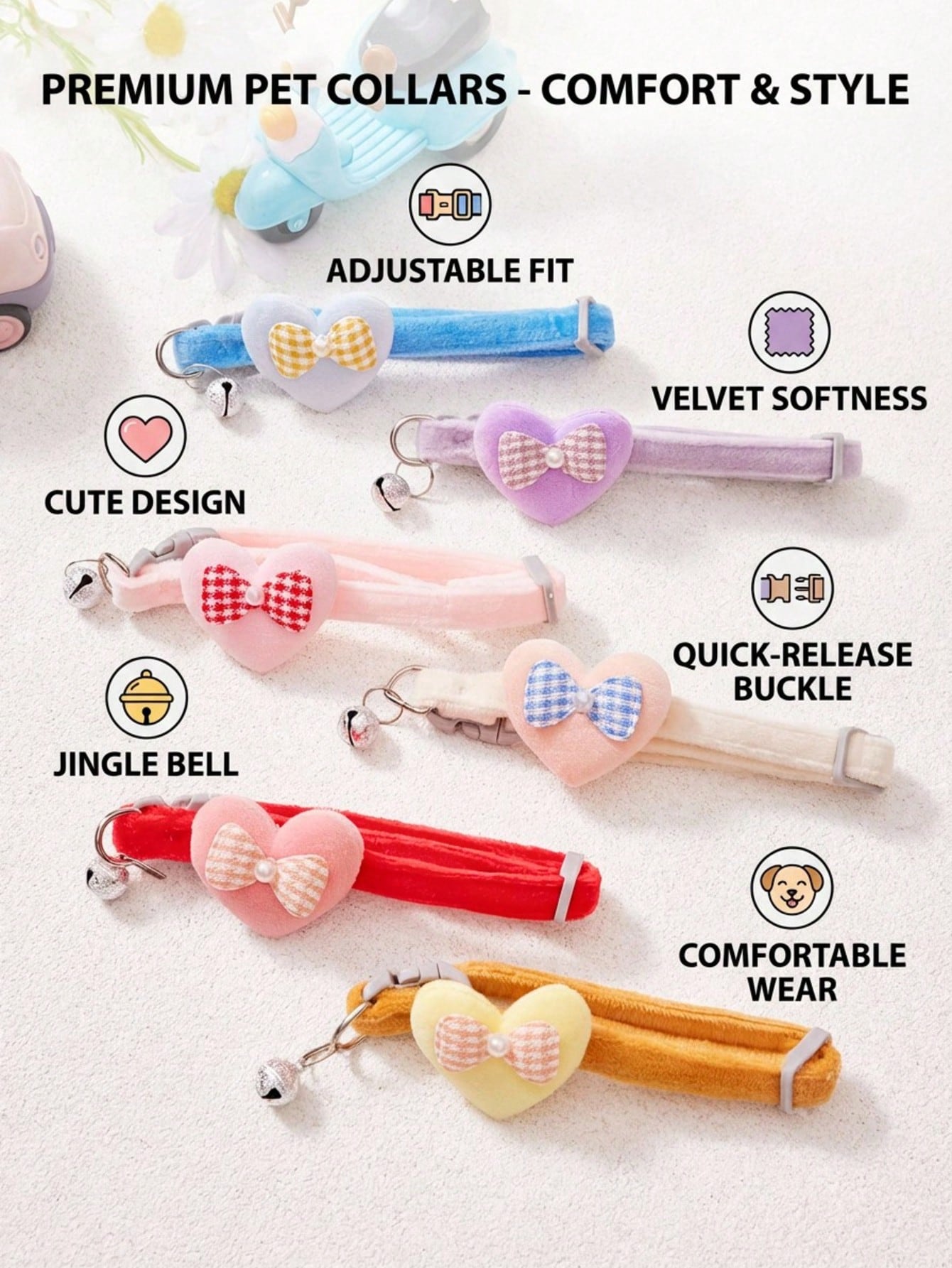 Multicolor adjustable polyester pet collar with cartoon heart-shaped bow decoration and bell pendant for small and medium cats and dogs.