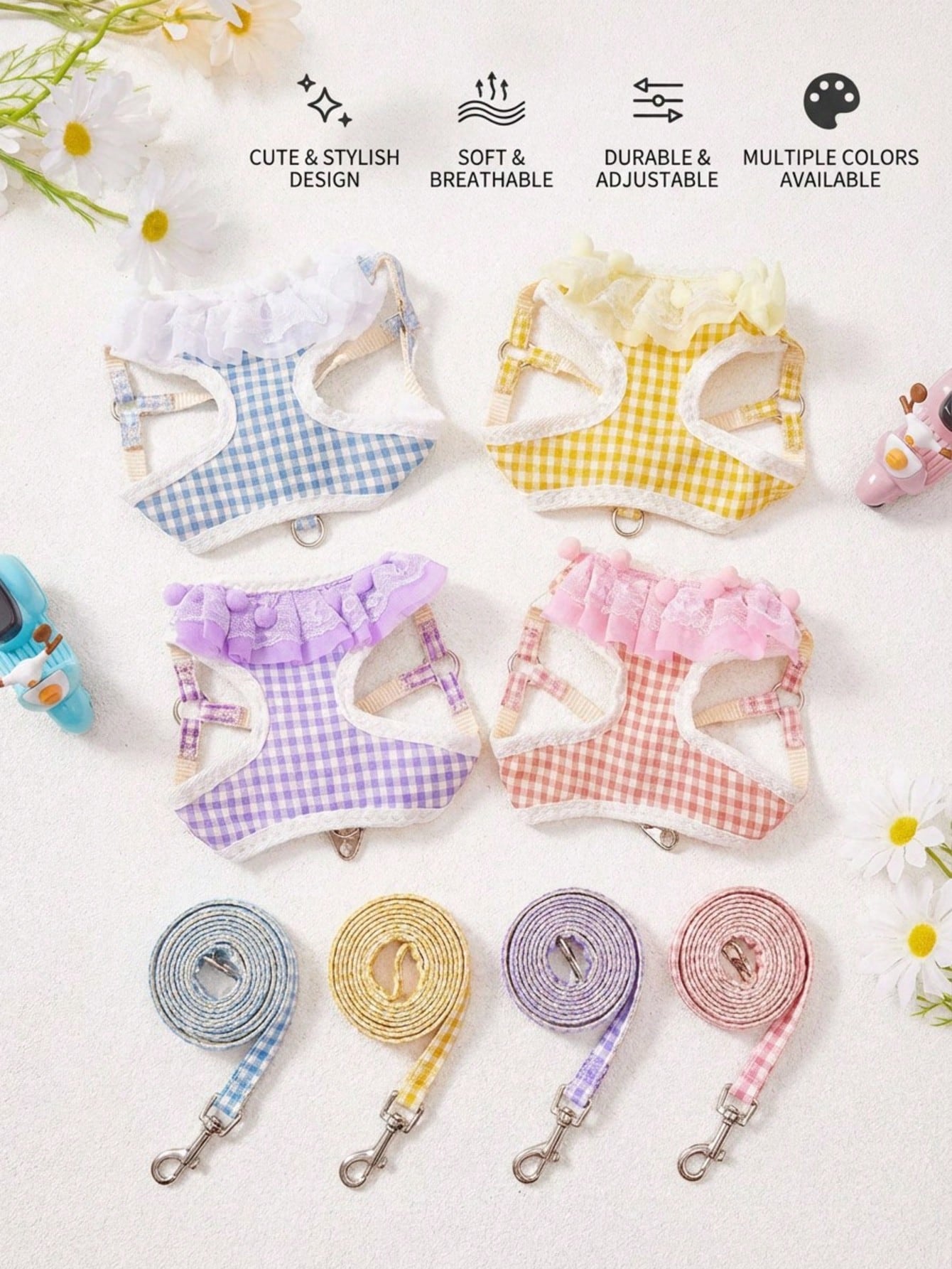 Multicolor breathable mesh pet harness and leash set for dogs and cats with checkered lace design, mesh pocket, reflective details, and safety lock buckle