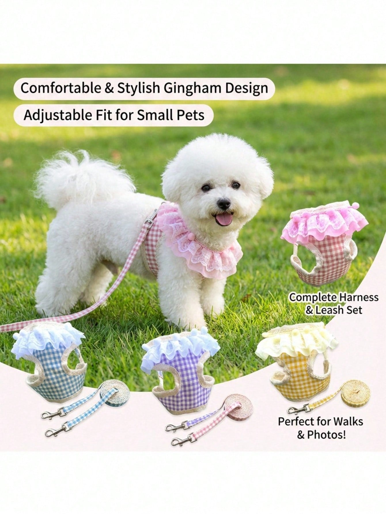 Multicolor breathable mesh pet harness and leash set for dogs and cats with checkered lace design, mesh pocket, reflective details, and safety lock buckle