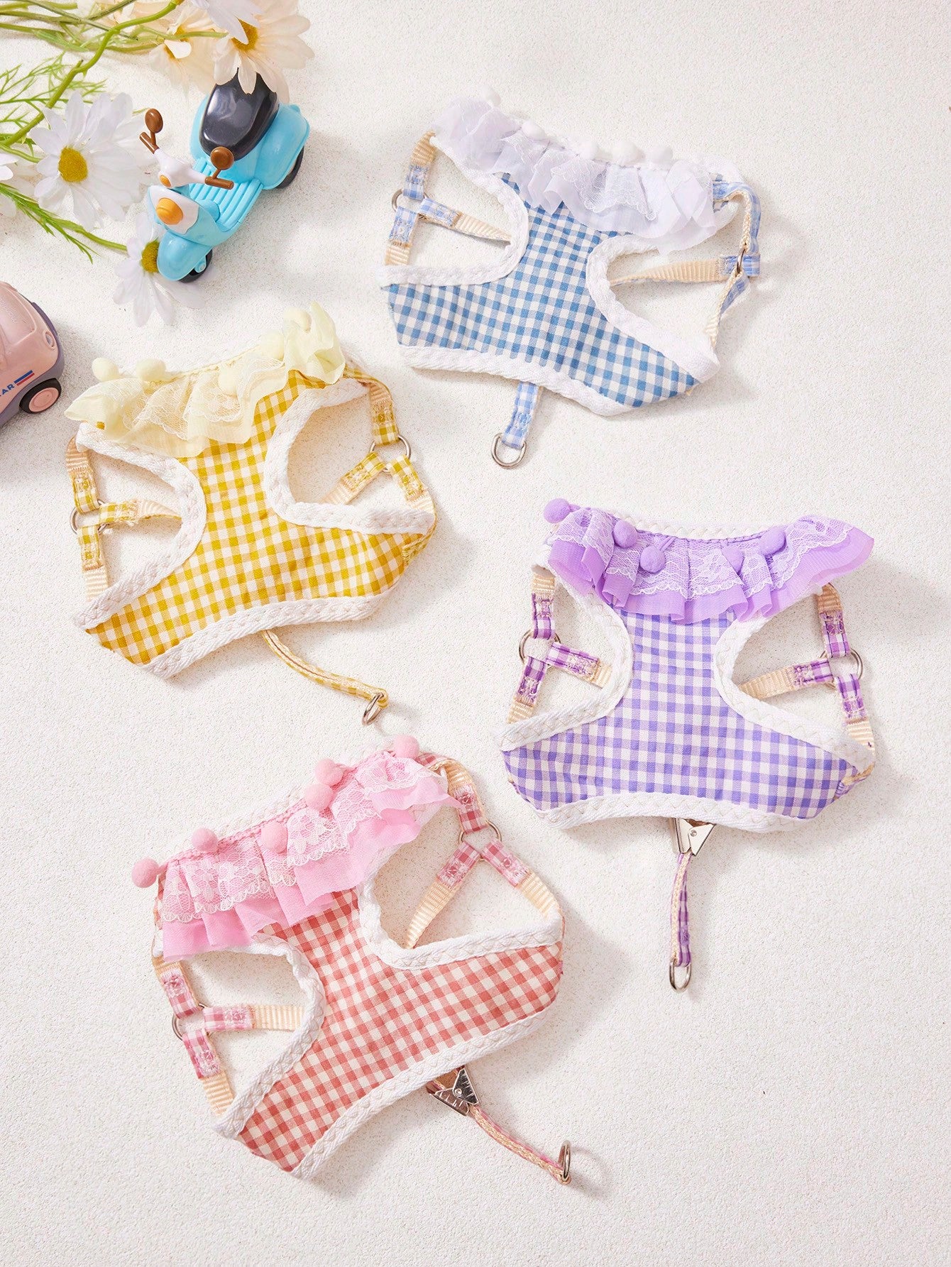 Multicolor breathable mesh pet harness and leash set for dogs and cats with checkered lace design, mesh pocket, reflective details, and safety lock buckle