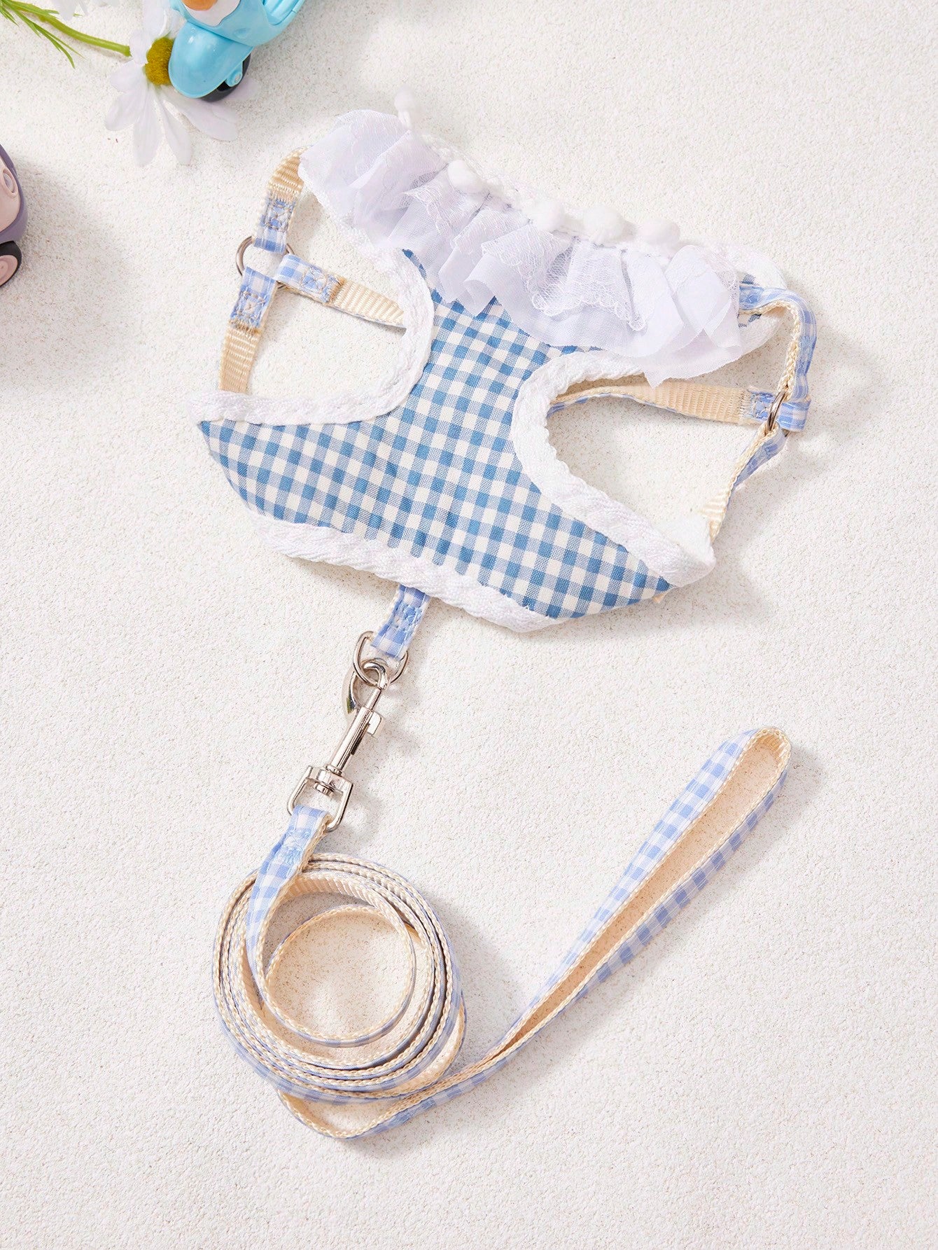 Multicolor breathable mesh pet harness and leash set for dogs and cats with checkered lace design, mesh pocket, reflective details, and safety lock buckle