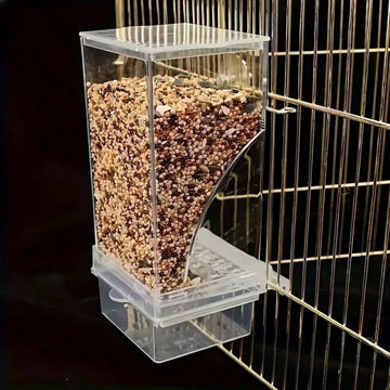 Transparent 1L automatic bird feeder with splash-proof design made of ABS for pet birds.