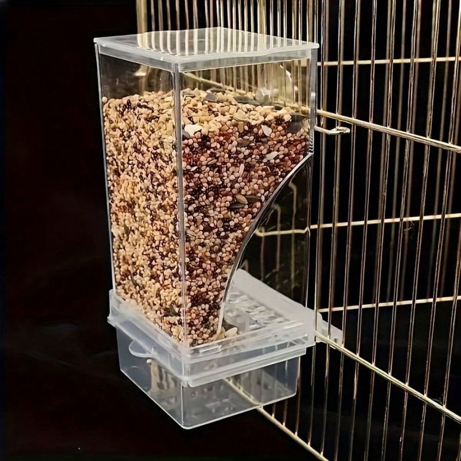 Transparent 1L automatic bird feeder with splash-proof design made of ABS for pet birds.