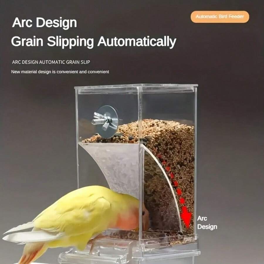 Transparent 1L automatic bird feeder with splash-proof design made of ABS for pet birds.