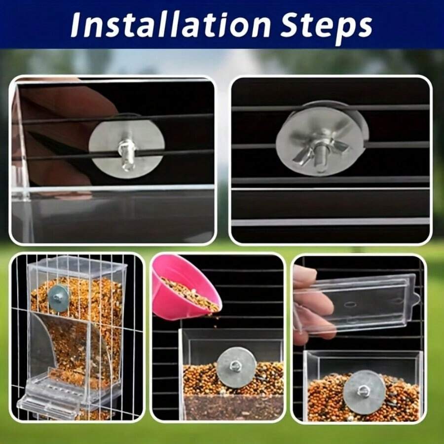 Transparent 1L automatic bird feeder with splash-proof design made of ABS for pet birds.