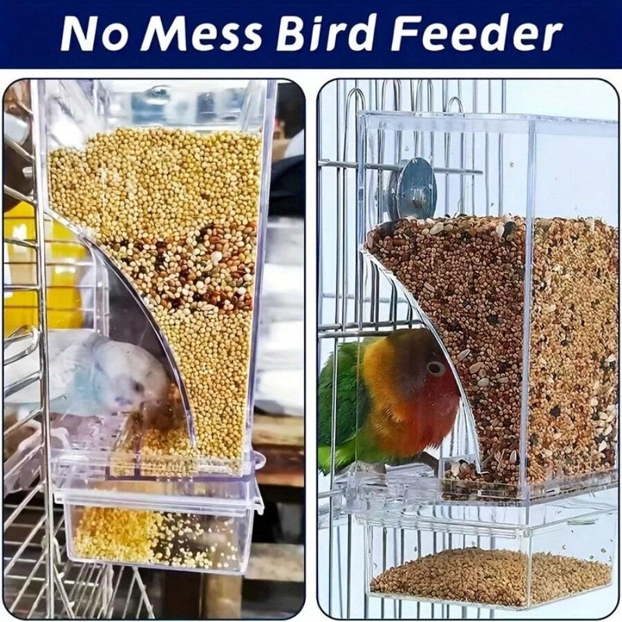 Transparent 1L automatic bird feeder with splash-proof design made of ABS for pet birds.