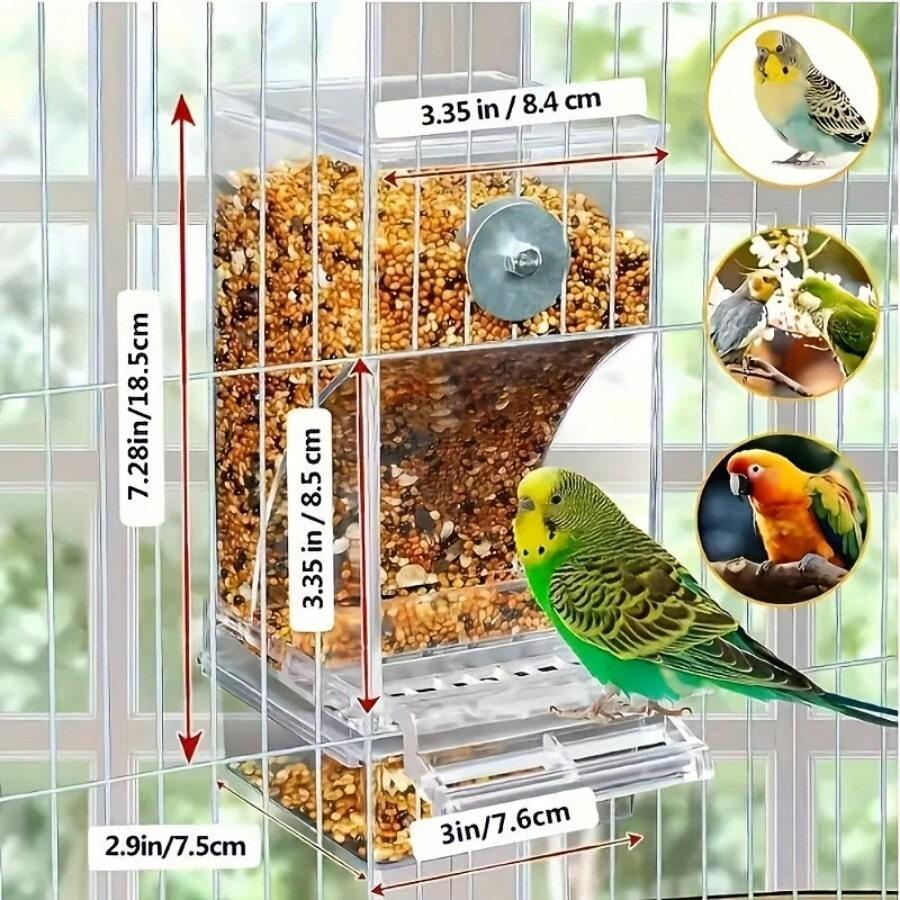 Transparent 1L automatic bird feeder with splash-proof design made of ABS for pet birds.