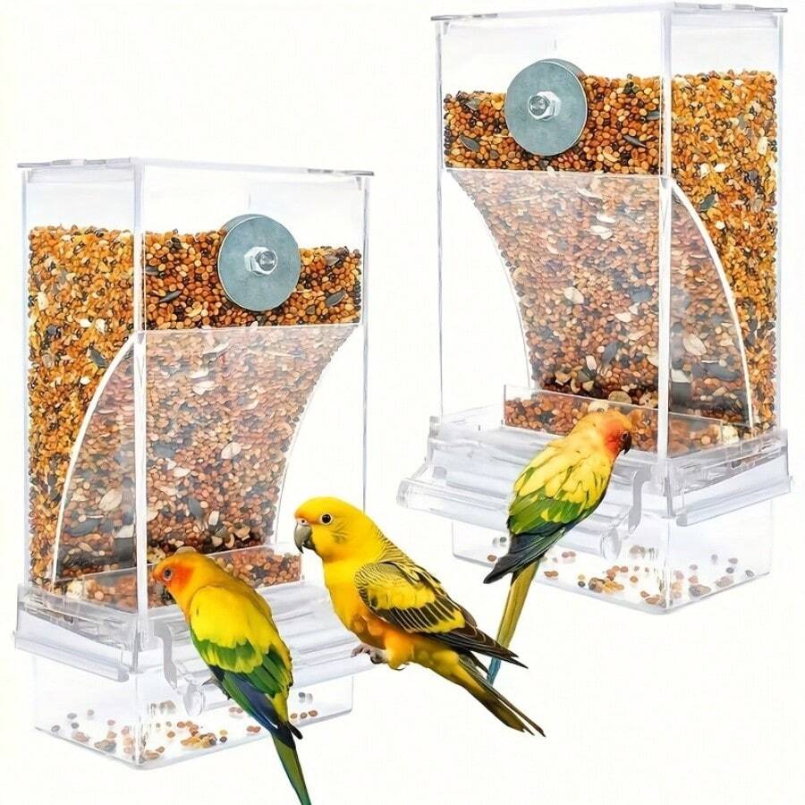 Transparent 1L automatic bird feeder with splash-proof design made of ABS for pet birds.
