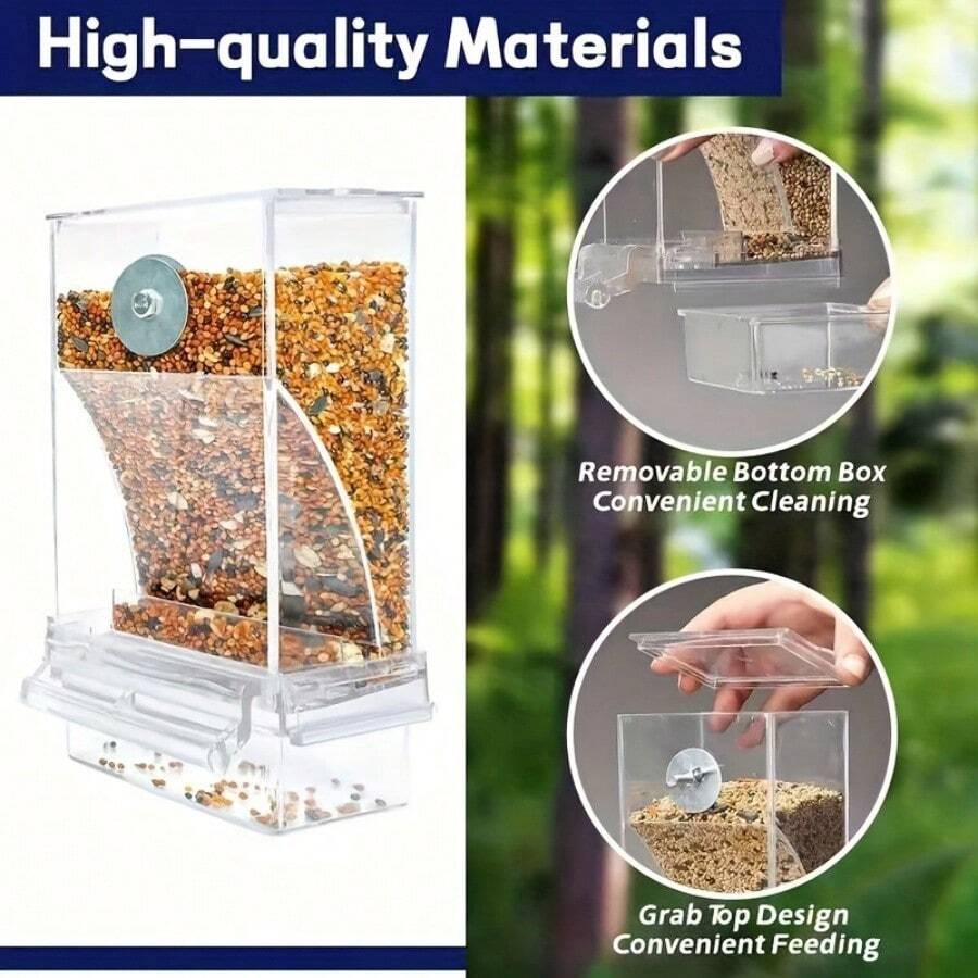 Transparent 1L automatic bird feeder with splash-proof design made of ABS for pet birds.