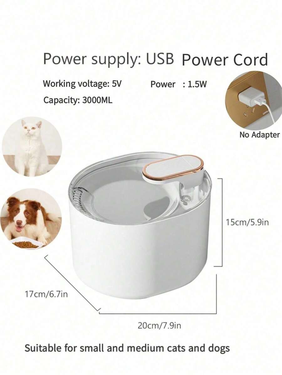 3L quiet pet water fountain with automatic circulation filtration system, USB powered for cats and dogs