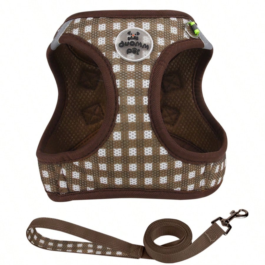 Coffee brown plaid pet harness and leash set made from breathable polyester with reflective strips, suitable for cats and dogs during outdoor walking and night use.