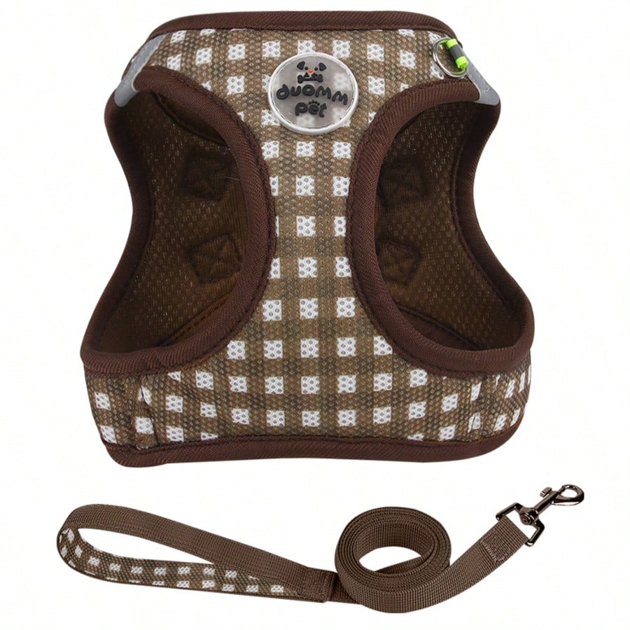 Coffee brown plaid pet harness and leash set made from breathable polyester with reflective strips, suitable for cats and dogs during outdoor walking and night use.