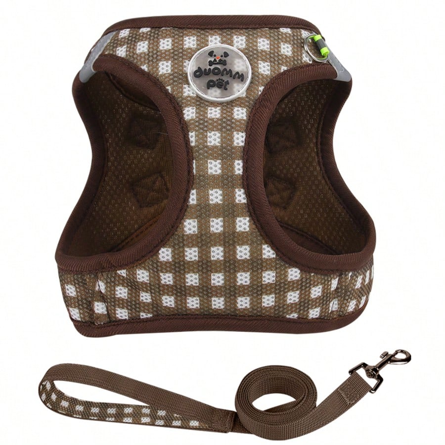 Coffee brown plaid pet harness and leash set made from breathable polyester with reflective strips, suitable for cats and dogs during outdoor walking and night use.