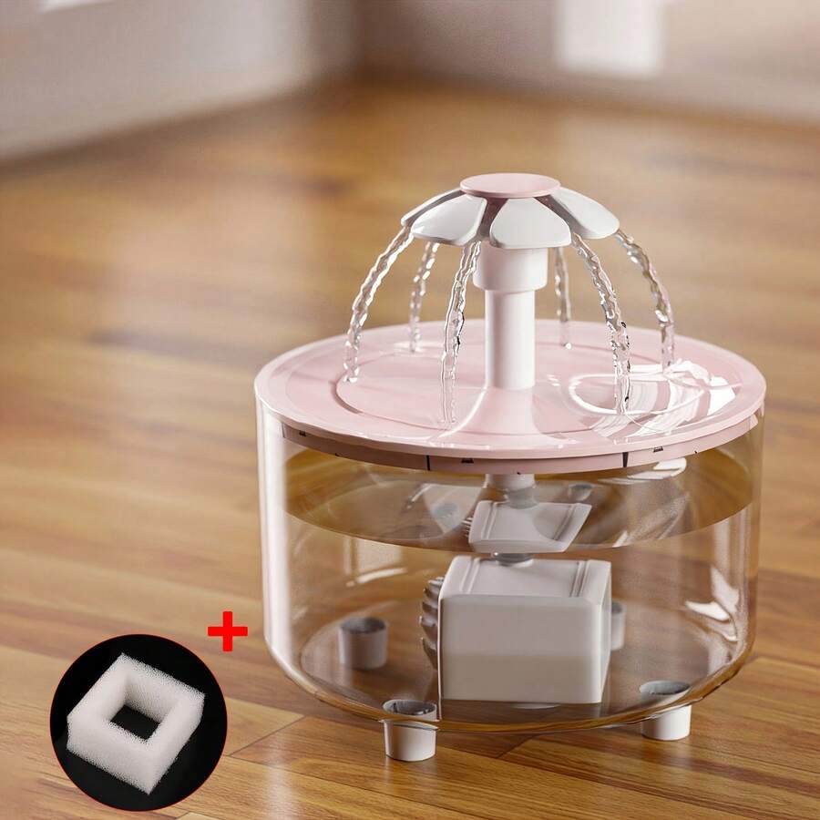 Automatic cat water fountain with 1500ml capacity, floral design, circulation filter, and USB power connection for cats and small dogs.