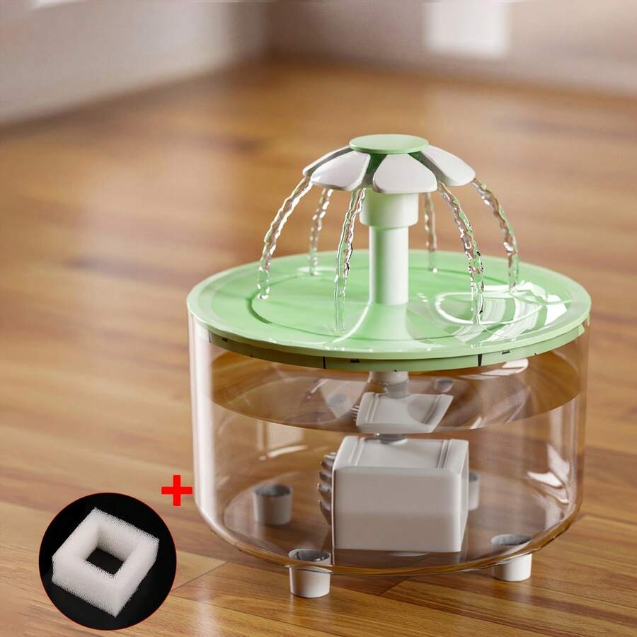 Automatic cat water fountain with 1500ml capacity, floral design, circulation filter, and USB power connection for cats and small dogs.