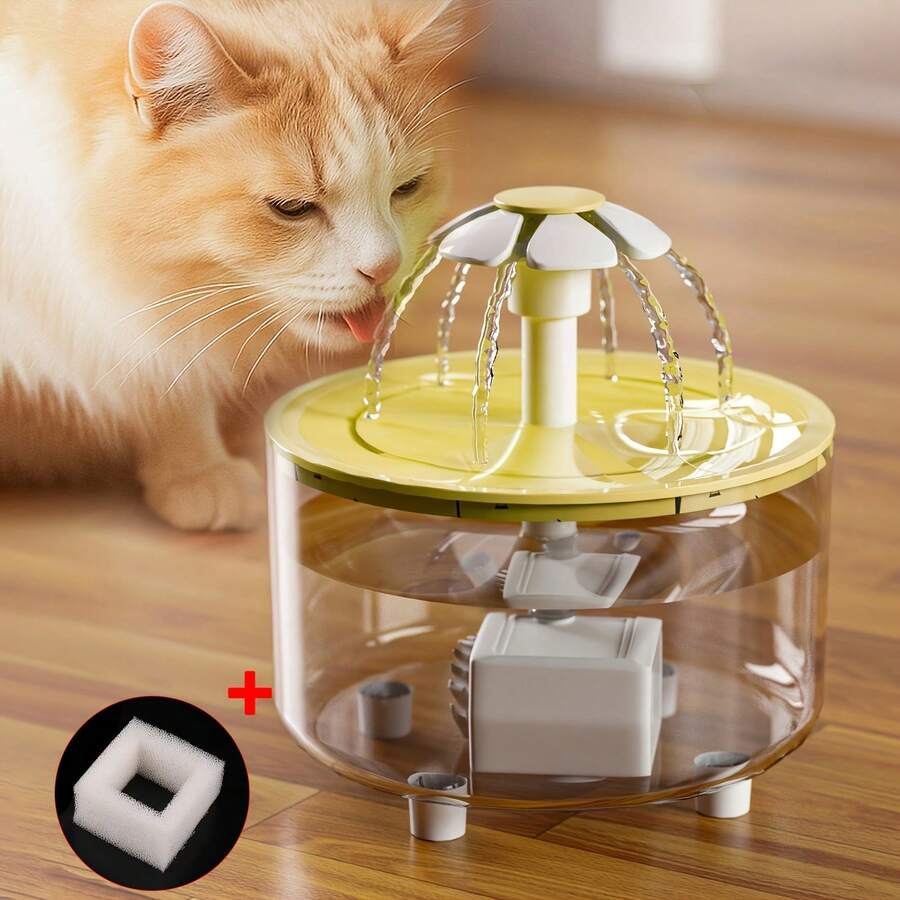 Automatic cat water fountain with 1500ml capacity, floral design, circulation filter, and USB power connection for cats and small dogs.