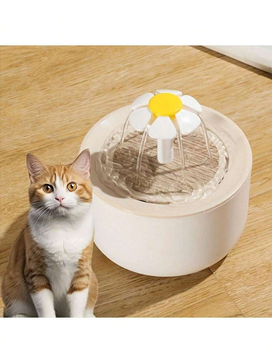 Automatic cat water fountain with 1500ml capacity, floral design, circulation filter, and USB power connection for cats and small dogs.