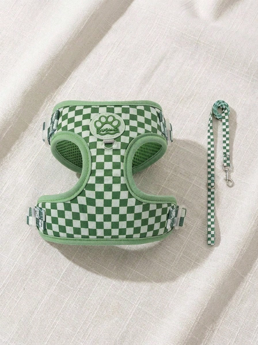 Green plaid dog harness and leash set made of breathable polyester mesh with adjustable anti-friction design, back round ring, matching leash, and waste bag holder for small dogs and cats.