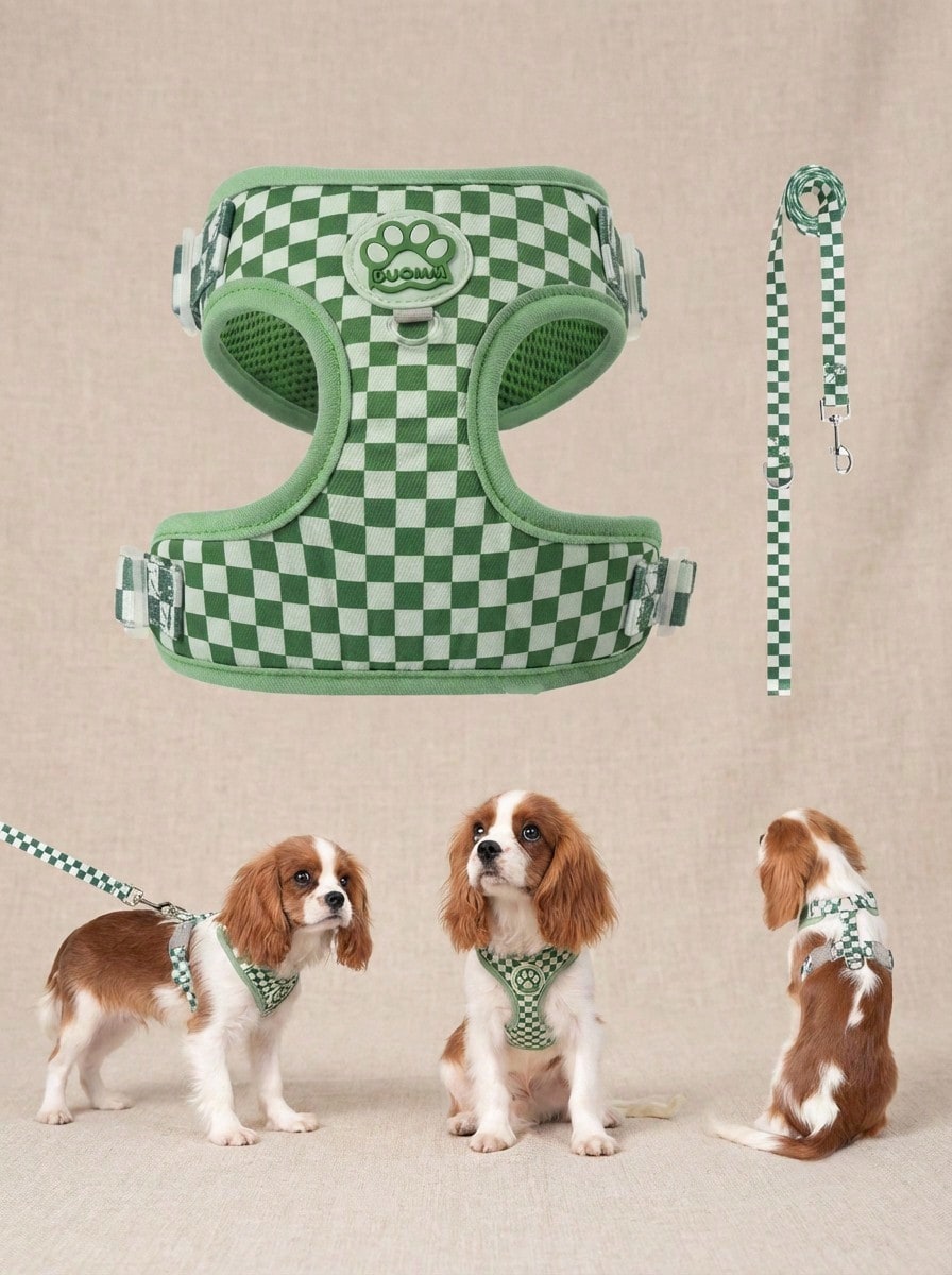 Green plaid dog harness and leash set made of breathable polyester mesh with adjustable anti-friction design, back round ring, matching leash, and waste bag holder for small dogs and cats.