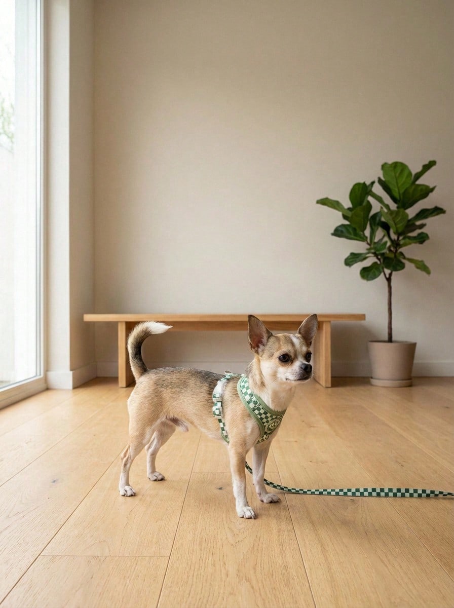 Green plaid dog harness and leash set made of breathable polyester mesh with adjustable anti-friction design, back round ring, matching leash, and waste bag holder for small dogs and cats.