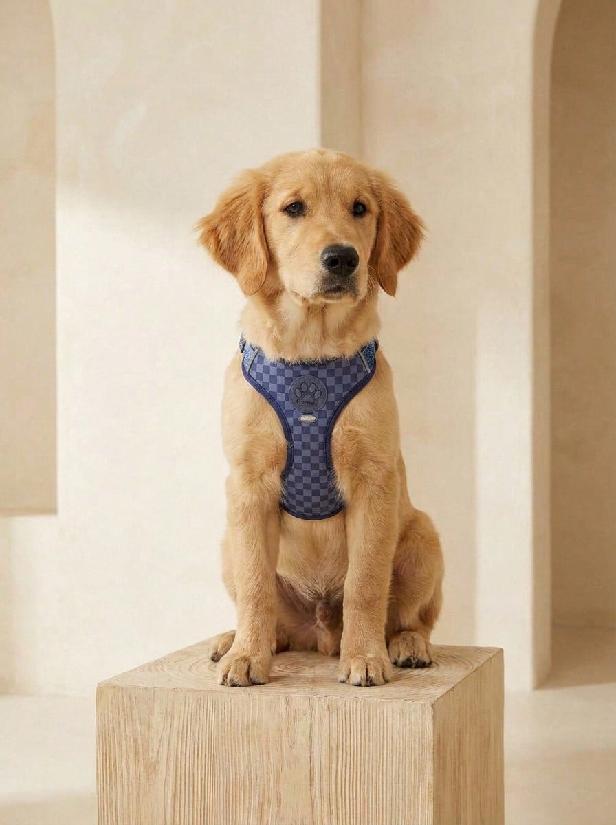 Navy blue checkered dog harness and leash set made from polyester with breathable mesh, adjustable fit, back circular ring, and matching leash for cats or small dogs.