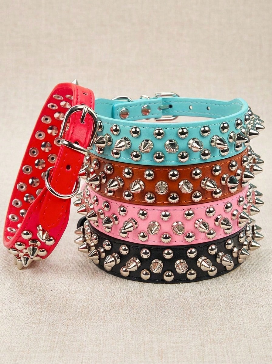 Adjustable PU leather dog collar with punk rivet and spiked detailing for pet dogs